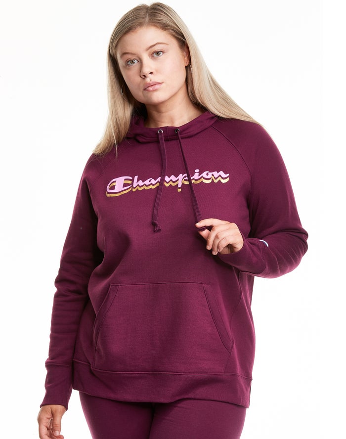 Champion Hoodie Dames - DonkerPaars - Plus Powerblend Fleece Drop Shadow Foil Script Logo ( 539460-B